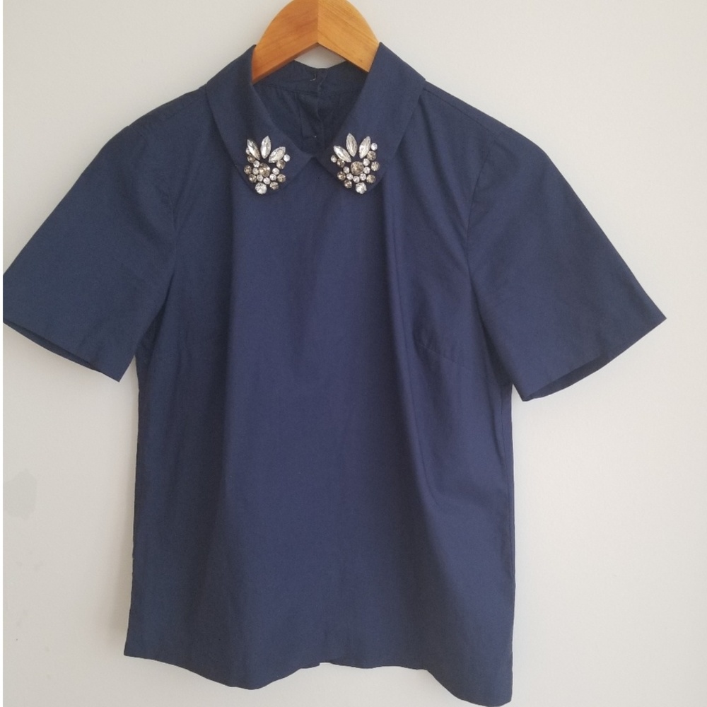 Madewell Navy Boxy Shirt with Rhinestone Collar